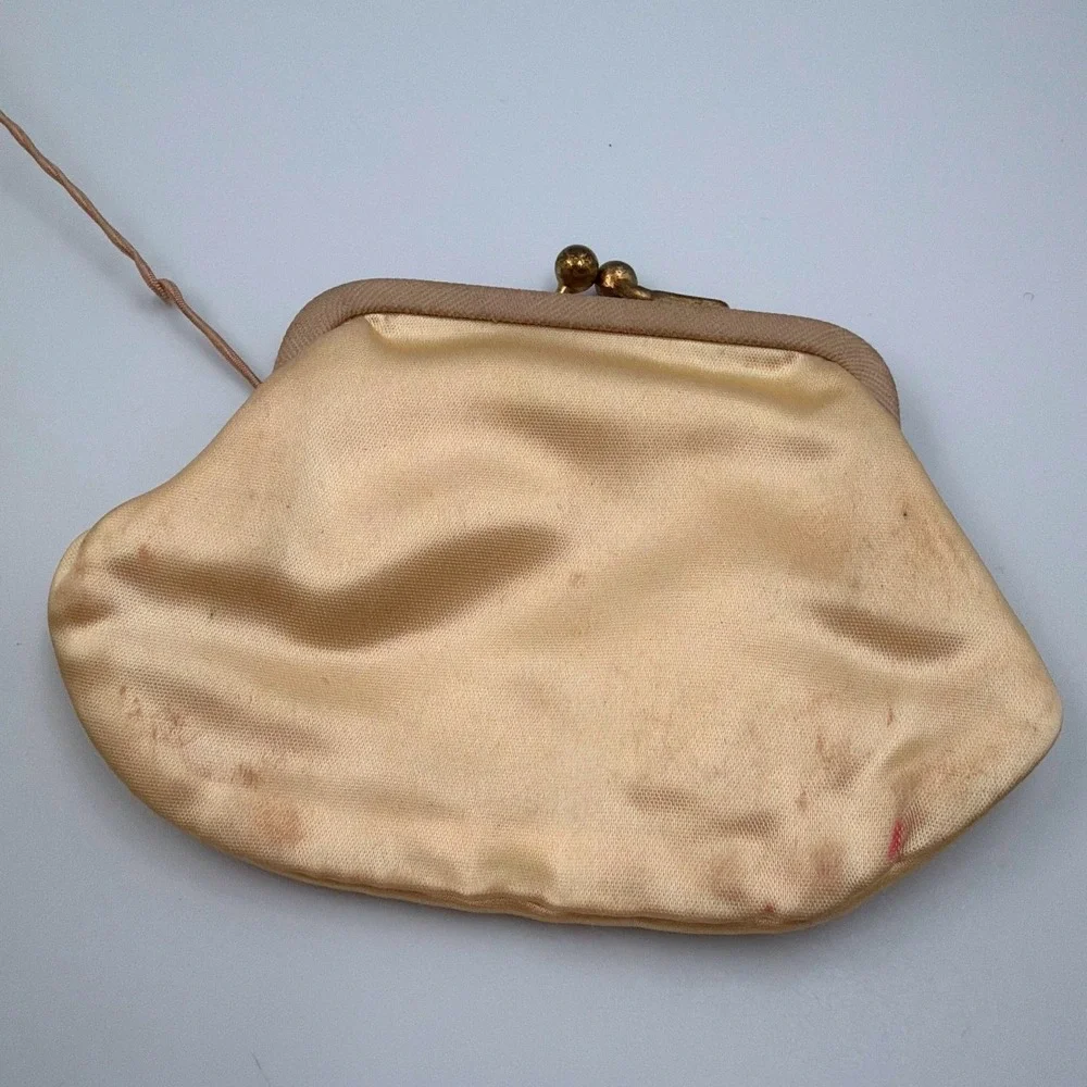 Vintage Gold Satin Evening Bag Ornate Frame Chain Strap‎ Clutch w/ Coin Bag